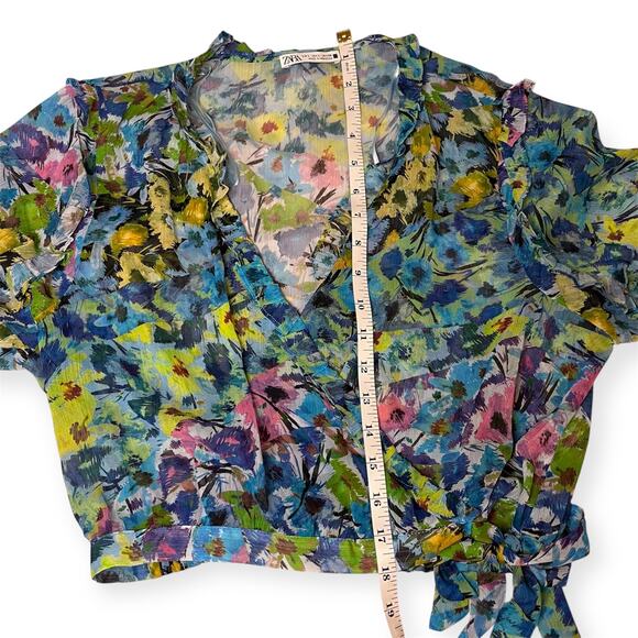 Zara Floral Ruffle Wrap Blouse Long Sleeve Sheer Tie Front Crop Top Boho Sz L - Picture 8 of 9